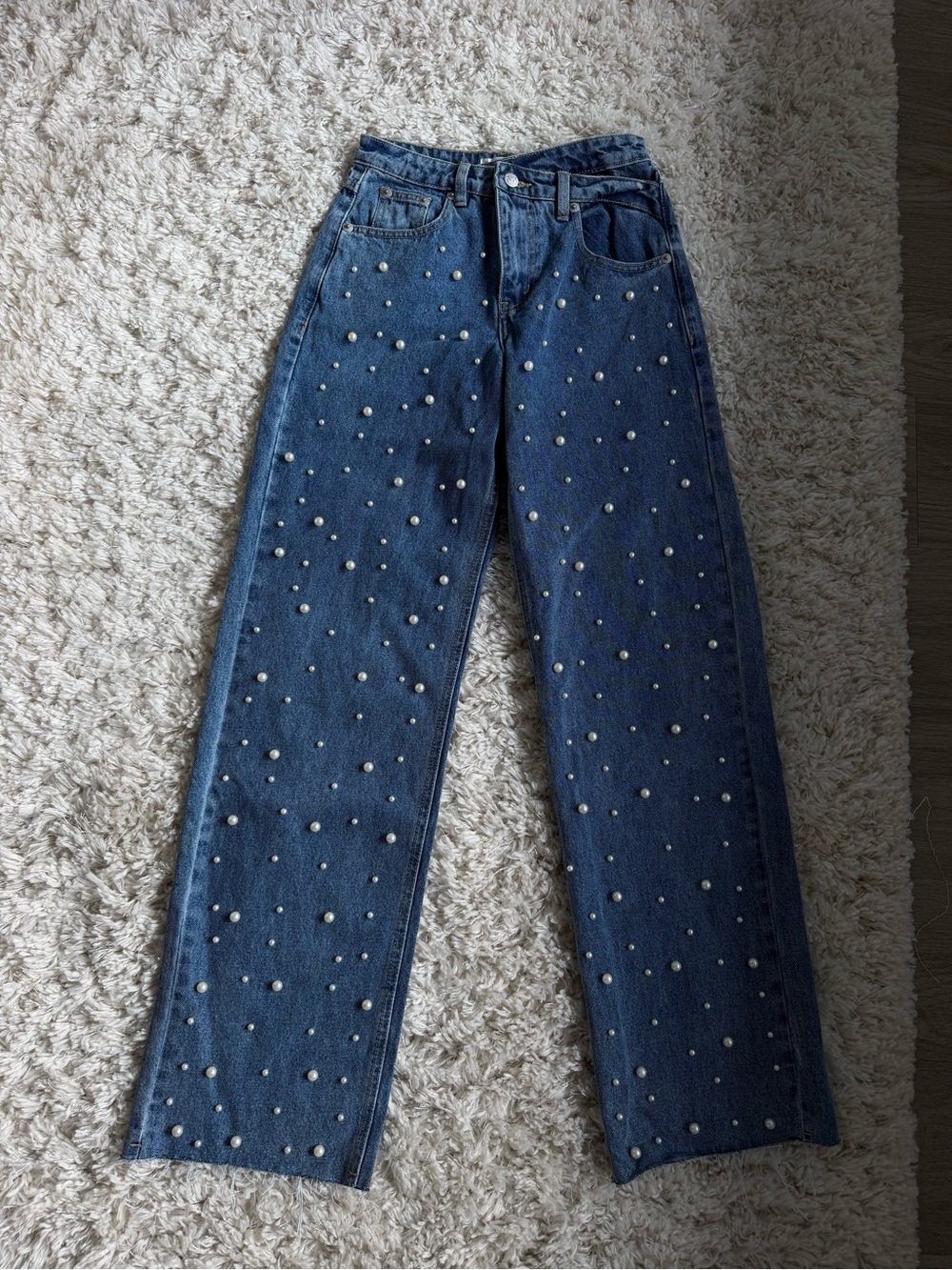 Beginning Boutique Dark Blue Pearl-Studded Straight-Leg Jeans
